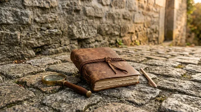 Un carnet de jeu relié de cuir avec une loupe en laiton, posé sur des pavés anciens