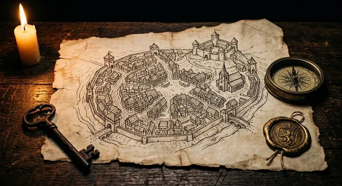 Une carte de ville médiévale dessinée à l'encre sur parchemin, posée sur une table en chêne avec une boussole en laiton, un sceau de cire et une clé ancienne
