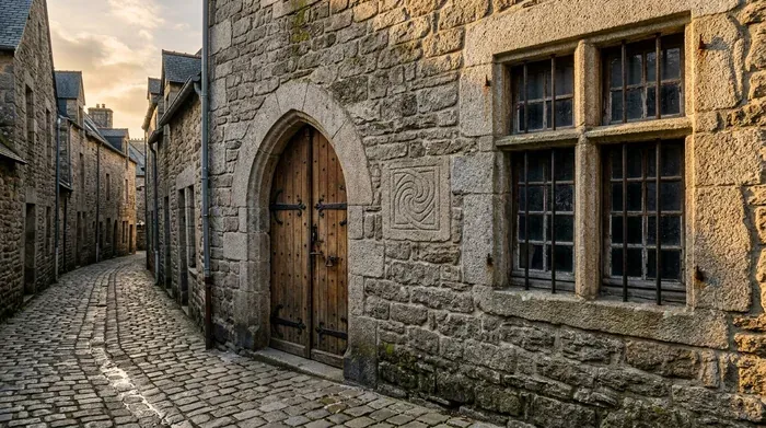 Mur de granit d'une ruelle pavée avec une porte à arc brisé et un motif en spirale gravé dans la pierre