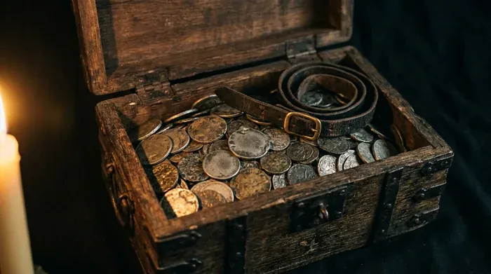 Un coffret en bois ancien ouvert, rempli de pièces et de médailles en métal vieilli, avec une lanière de cuir