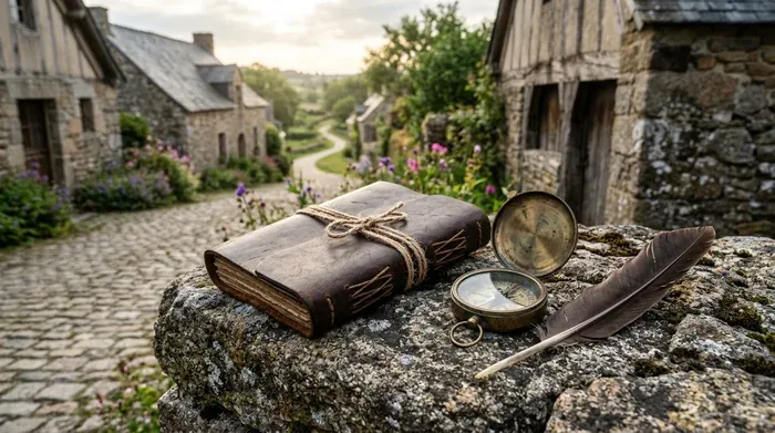 Un carnet de jeu en cuir brun fermé par une cordelette, une boussole en laiton et une plume posés sur un muret de granit