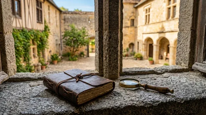 Un carnet de jeu relié de cuir avec une loupe en laiton posé sur le rebord d'une fenêtre à meneaux en pierre