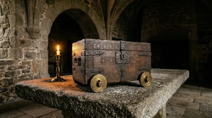 Un coffret en bois ancien gravé de motifs géométriques, monté sur deux roues de laiton, posé sur une table de granit près d'une bougie