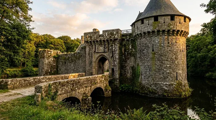 Un pont de pierre menant à la porte à arc brisé d'un château de granit flanquée d'une tour ronde