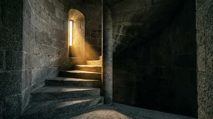 Un escalier en colimaçon en pierre de granit dans une tour, éclairé par un rayon de lumière dorée venu d'une meurtrière