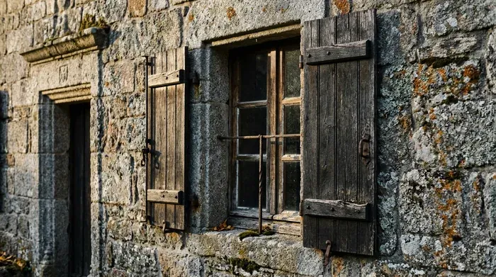 Une façade en granit couverte de lichen avec une fenêtre à meneaux de pierre et des volets en bois sombre