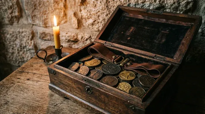 Un coffret en bois ancien ouvert sur des médailles et des pièces en métal patiné avec un ruban de cuir