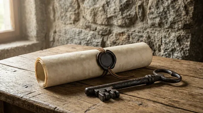 Un parchemin roulé fermé par un sceau de cire et une grande clé en fer posés sur une table en chêne devant un mur de pierre