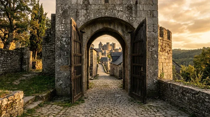 Une porte de ville voûtée en granit aux vantaux de chêne ouverts, qui donne sur un chemin pavé menant à un château
